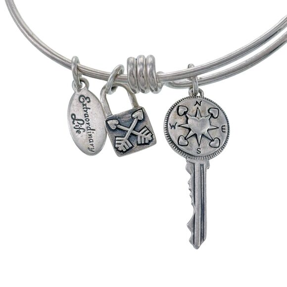 Footnotes Sterling Silver Inspirational Quote Lock Key Charm Slide Bracelet 7.5" - Picture 2 of 6